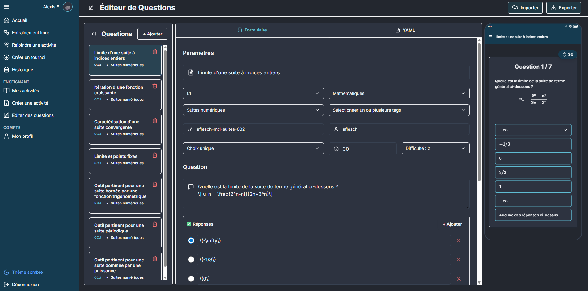 Interface d'édition de questions (mode sombre)