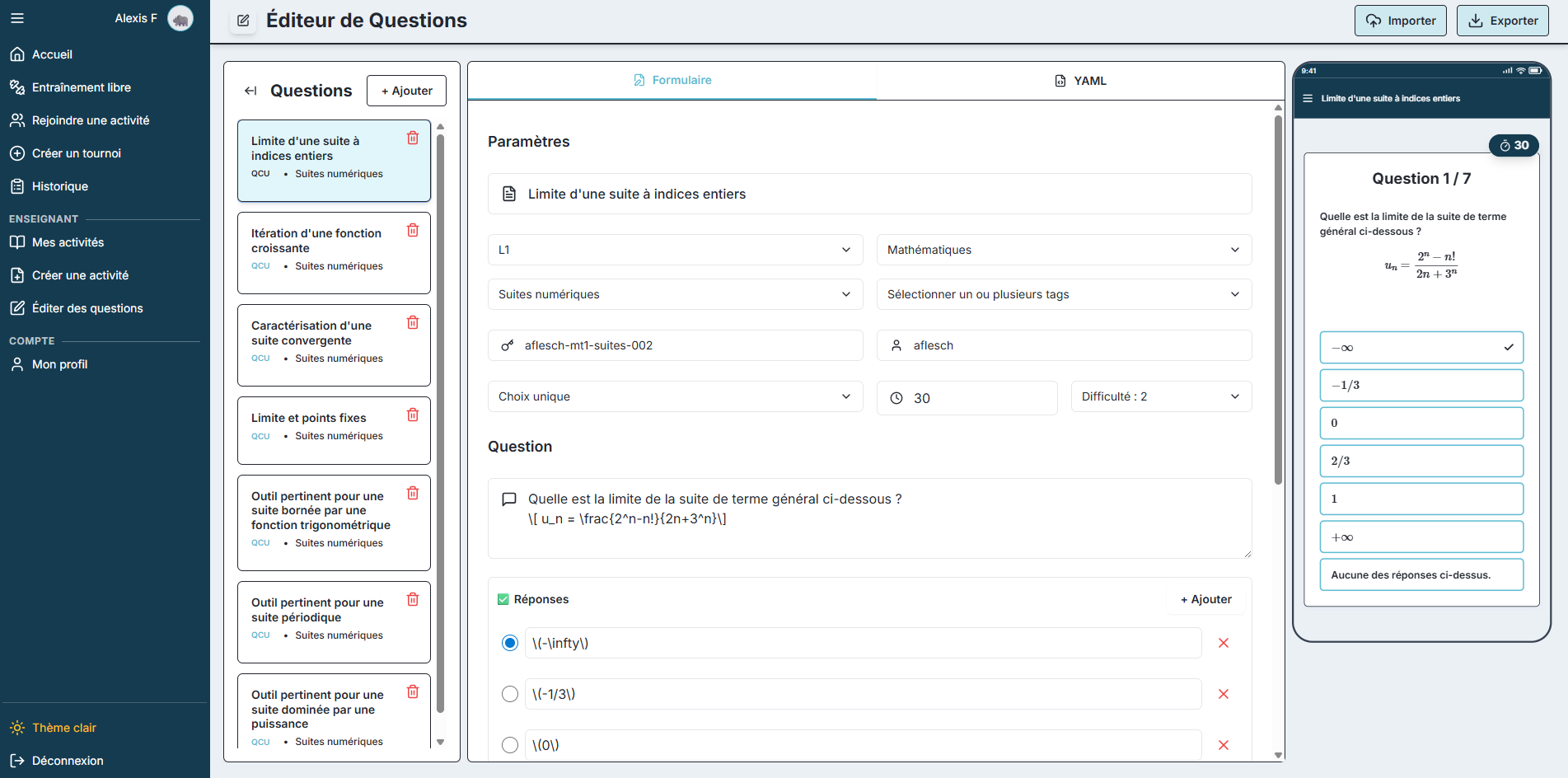 Interface d'édition de questions (mode clair)